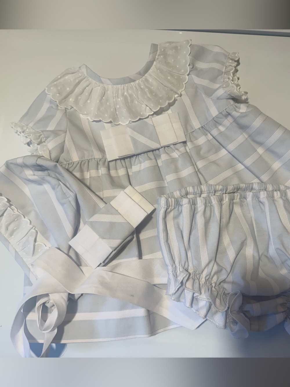 José Varón Blue Striped Dress, Bloomers & Bonnet Set | 6M